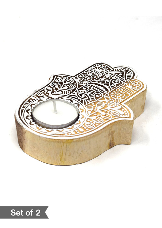 Handpainted Lotus Shaped Wooden Festive Tealight Candle Holder with Mandala Design-Set of 2